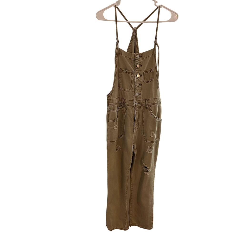 Easel Overalls Womens Small Olive Green Denim Distressed Jumpsuit Lagenlook Boho - Picture 2 of 11